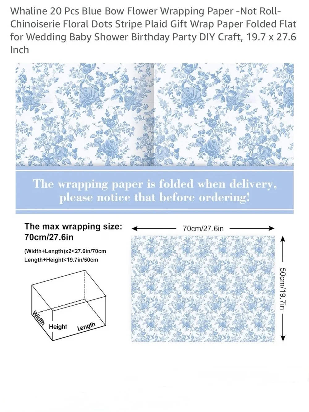 Whaline Blue Bow Floral Chinoiserie Wrapping Paper 20 Sheets Coquette NWT